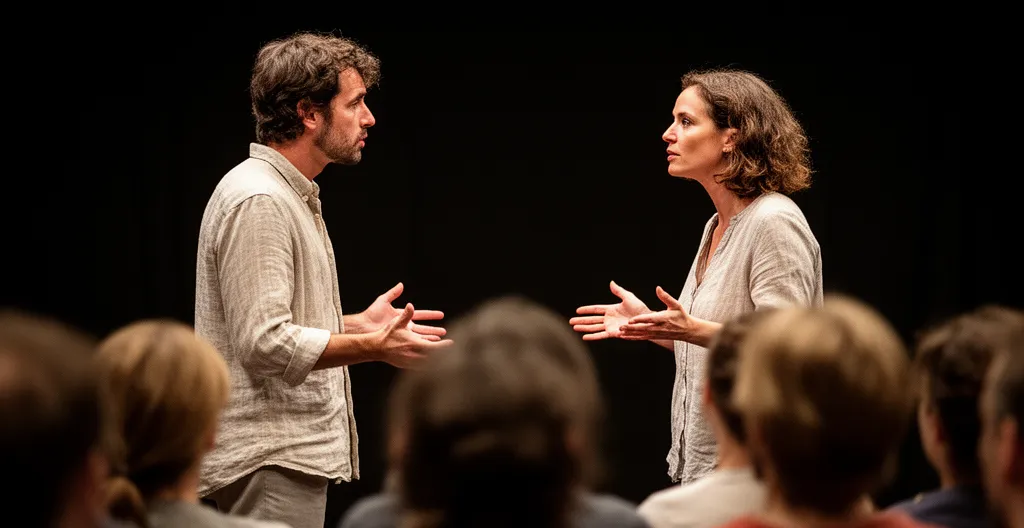 Deux adultes en exercice d'improvisation théâtrale face à face