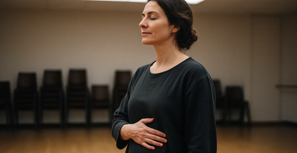 Adulte pratiquant un exercice de respiration diaphragmatique pendant un cours de théâtre