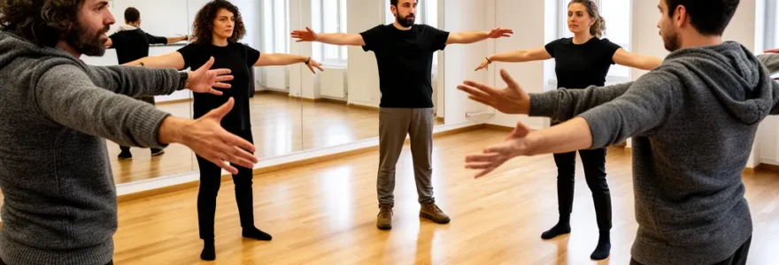 Groupe d'adultes en exercice d'échauffement corporel dans une salle de répétition théâtrale