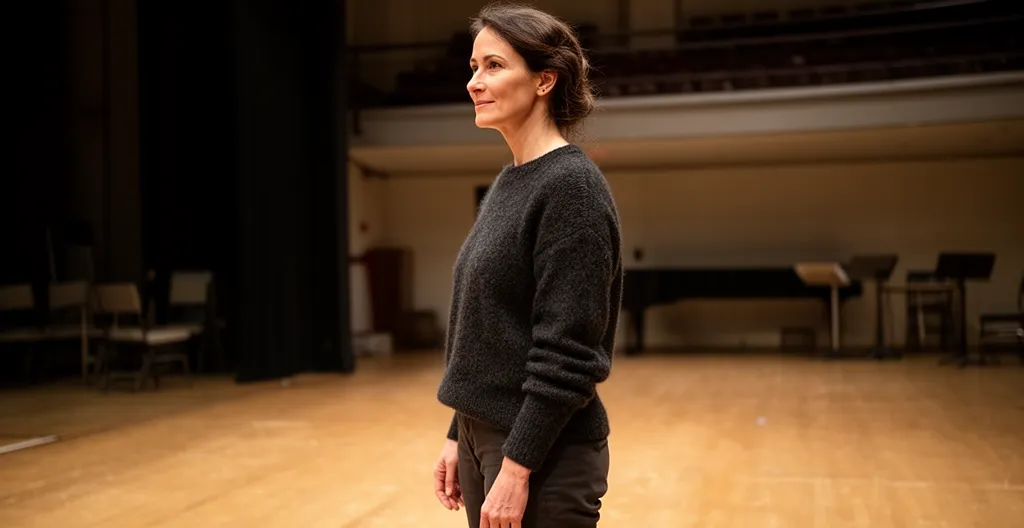 Femme adulte en position debout les épaules relâchées pendant un cours de théâtre
